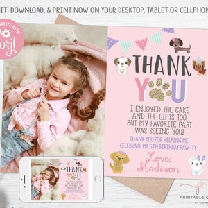 Modèle modifiable de carte photo fille chiot Merci BirthdayDog Party rose thème animal de compagnie rose