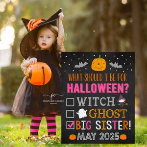 Anuncio de hermana mayor para Halloween Lista de cosas por hacer en el embarazo Letrero para revelar Sesión de fotos Accesorio Archivo imprimible de bebé recién nacido en color rosa