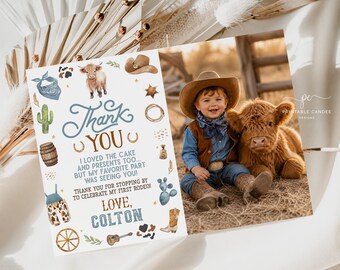 Cowboy Birthday Thank You 1st Rodeo Party Highland Cow Ranch Template Digital