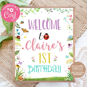 Bug Birthday Welcome Sign Girl Bug Party Decor Bee Ladybug Butterfly Instant Download Editable File Printable DIY File