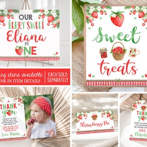 May include: A set of printable party decorations for a first birthday party with a strawberry theme. The decorations include a welcome sign, a thank you card, a food label, and a tag. The decorations feature a red and white gingham pattern, strawberries, and the text "Our Berry Sweet Eliana is One", "Sweet Treats", "Strawberry Pie", and "Thank You".