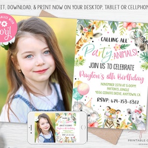 Party Animal Invitation Jungle Animal Wild Birthday Party Editable Safari Girl Instant download Template