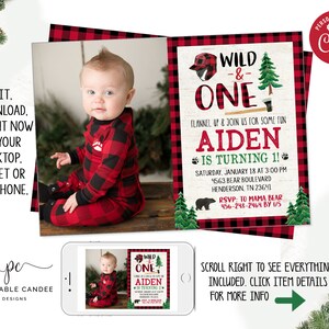 Lumberjack 1st Birthday Invitation Bear Wild One Plaid Theme Printable Instant Download Editable File