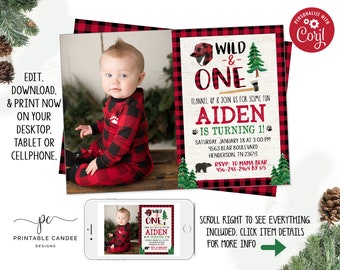 Lumberjack 1st Birthday Invitation Bear Wild One Plaid Theme Printable Instant Download Editable File