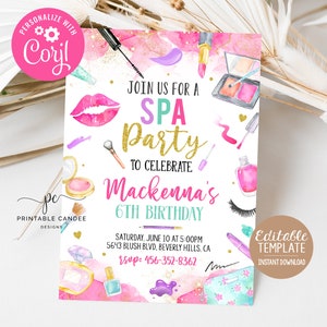 Editable Spa Birthday Party Invite Girl Makeup Party Template Invitation Gold Pink Instant Download Printable