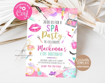 Editable Spa Birthday Party Invite Girl Makeup Party Template Invitation Gold Pink Instant Download Printable
