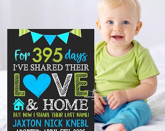 Editable Adoption Announcement Sign Green Blue Adopted Poster Love and Home Photography Prop Printable Template