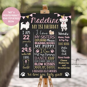 Girl Puppy 1st Birthday Stats Sign Milestone Poster 1st Birthday Pink Gold Dog Pet Theme Decor Custom Board Printable File