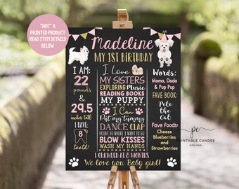 May include: A black chalkboard sign with pink and gold accents celebrating a first birthday. The sign features the name "Madeline" and details about the child's age, weight, height, and favorite activities. The sign also includes a cute illustration of a dog.