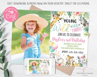 Wild and Three Invitation Jungle Animal 3rd Birthday Party Editable Safari Girl Turning 3 Instant download Template