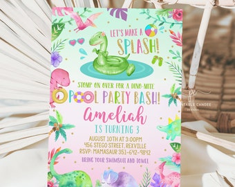Invitación a fiesta en la piscina con dinosaurios Plantilla de invitación de cumpleaños de verano editable Archivo imprimible con tema de dinosaurio para niña