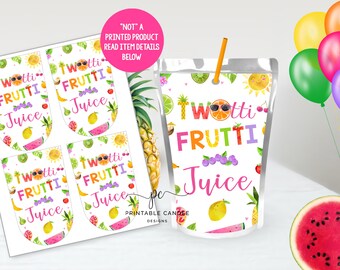 May include: Printable juice box labels featuring a colorful fruit design with the text "Twotti Frutti Juice".