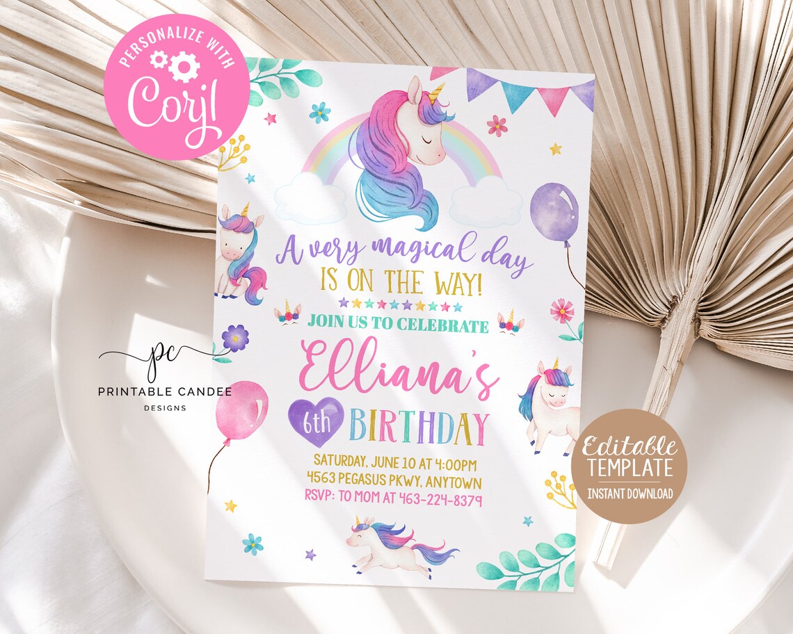 Editable Unicorn Rainbow Birthday Invitation Unicorns Rainbows Gold ...