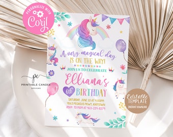 Editable Unicorn Rainbow Birthday Invitation Unicorns Rainbows Gold Invite Template Floral Unicorn Party Digital Instant Download