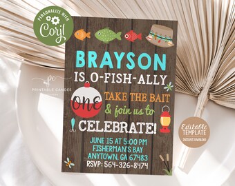 Fishing birthday Invitation Ofishal Party Invite Instant download Ofishally One Theme Fishing 1st Birthday Editable Template