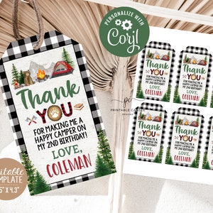 Editable Camping Favor Tags One Happy Camper Smores Black Lumberjack Template Bear Party Plaid Decor Printables