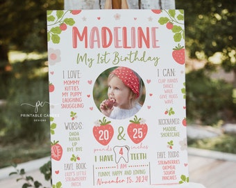 Strawberry 1st Birthday Editable Stats Sign Berry Milestone Poster Template Girl Pink Red Summer Fruit Party Berry Sweet Printable SP24