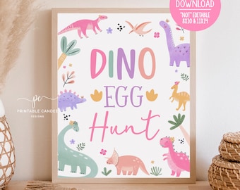 Pastel Dinosaur Egg Hunt Sign Girl Dino Birthday Party Activity Dino Decor Table Signs Cute Dino Pink Printable DG24