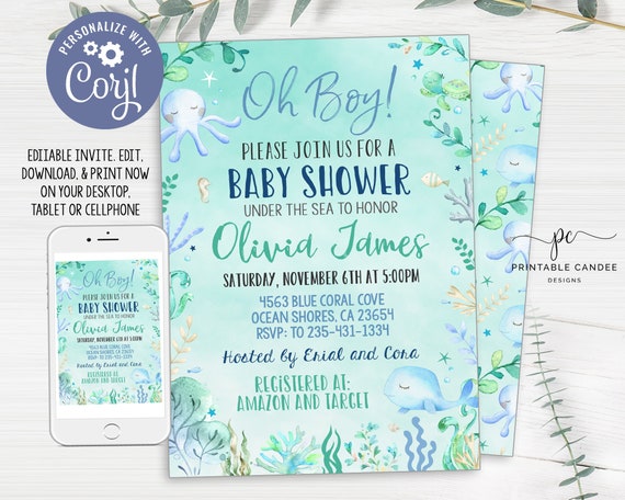 Under The Sea Baby Shower Invitation Editable Template Oh Boy Etsy