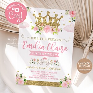 Princess Birthday Invitation Editable Crown Invite Template Blush Pink Gold Watercolor Floral Printable Instant Download