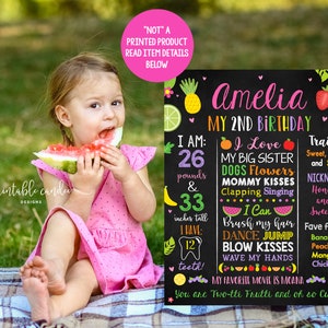 Two-tti Frutti Birthday Stats Sign Twotti Frutti Party Decor Chalkboard Milestone Sign Tutti Fruitti Theme Printable TFCT
