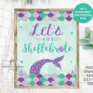 Mermaid Party Favor Sign Purple Teal Birthday Theme Shellebrate Sign Mermaids Decor Instant Download Printable