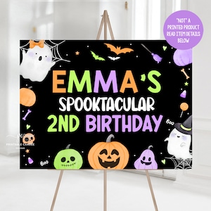 Halloween Party Backdrop Girl Costume Birthday Purple Orange Ghost Theme Spooky Decor Background Poster Printable Banner