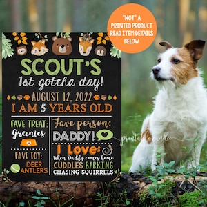 Dog Gotcha Day Sign Puppy 1 year Poster Pet Woodland Birthday Stats Rescue Dog Adoption Chalkboard Sign Printable File