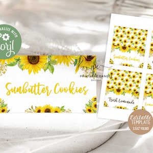 Modèle d’étiquettes alimentaires tournesol, fête d’anniversaire pour fille, thème tournesols d’automne, cartes de tente alimentaire modifiables, fichier imprimable