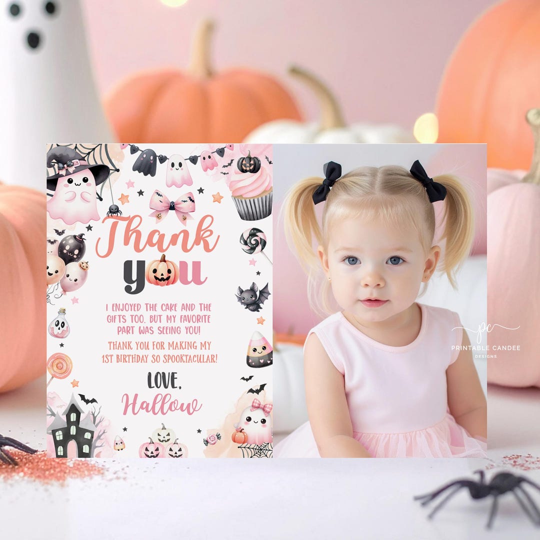 Editable Pink Halloween Birthday Thank You Girl Ghost Invitation Spooky ...