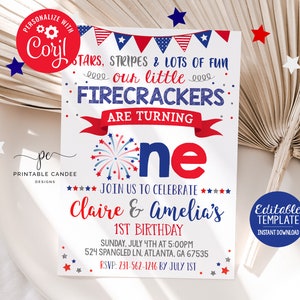 4th of July Twin 1st Birthday Invitation Red White and Blue Firecracker Patriotic Stars Stripes Twins Editable Template Download Printable