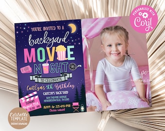 May include: A printable invitation for a backyard movie night to celebrate a child's 5th birthday. The invitation features a purple background with a movie reel, popcorn, and stars. The text reads "You're invited to a backyard movie night to celebrate Caitlyn's 5th birthday." The invitation also includes the date, time, and location of the party.