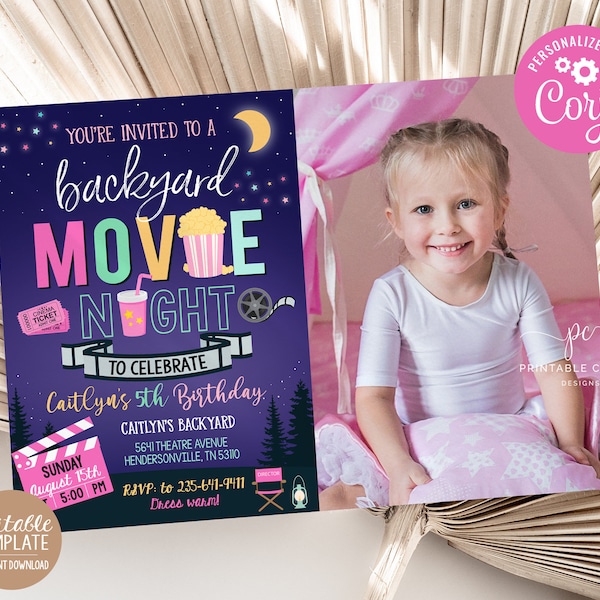 Backyard Movie Night Invitation Outdoor Movie Birthday Party Under The Stars Party Editable Girl Sleepover Invite Photo Instant Download