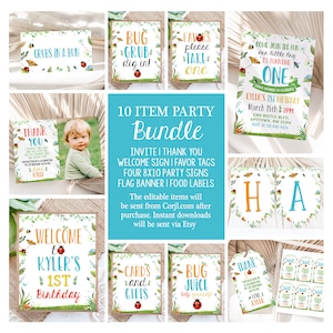 Editable Bug 1st Birthday Party Bundle Insect Theme Decor Boy First Invite Signs Favors Printable Templates Instant Download