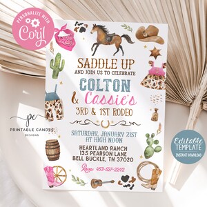Invito di compleanno modificabile per cowboy e cowgirl, blu e rosa, invito per la prima festa del rodeo, tema del selvaggio West, modello per fratelli, stampabile, download immediato