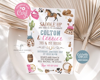 Editable Cowboy Cowgirl Birthday Invitation Blue Pink 1st Rodeo Party Invite Wild West Theme Sibling Template Printable Instant Download