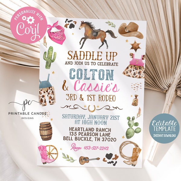 Editable Cowboy Cowgirl Birthday Invitation Blue Pink 1st Rodeo Party Invite Wild West Theme Sibling Template Printable Instant Download