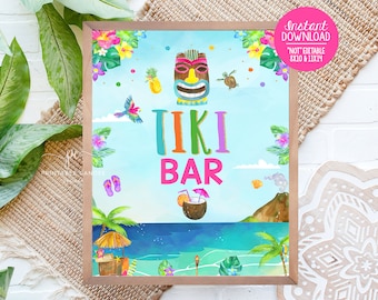 Luau Tiki Bar Sign Beach Birthday Party Decor Tropical Drink Signs Tema de verano Descarga instantánea