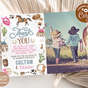 Bearbeitbare Cowboy Cowgirl Geburtstag Danke Blau Rosa 1st Rodeo Party Einladen Wild West Thema Geschwister Vorlage Druckbare Sofort Download