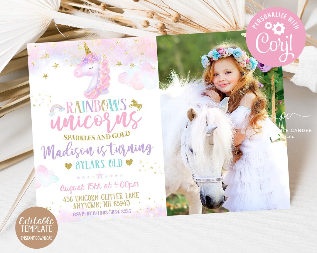 Editable Unicorn Pastel Rainbow Birthday Invitation Unicorns Rainbows ...