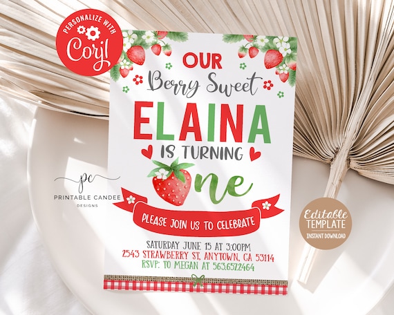 Strawberry Invitation Strawberries Birthday invite Theme First Birthday Berry Party 1st Summer Instant download Template