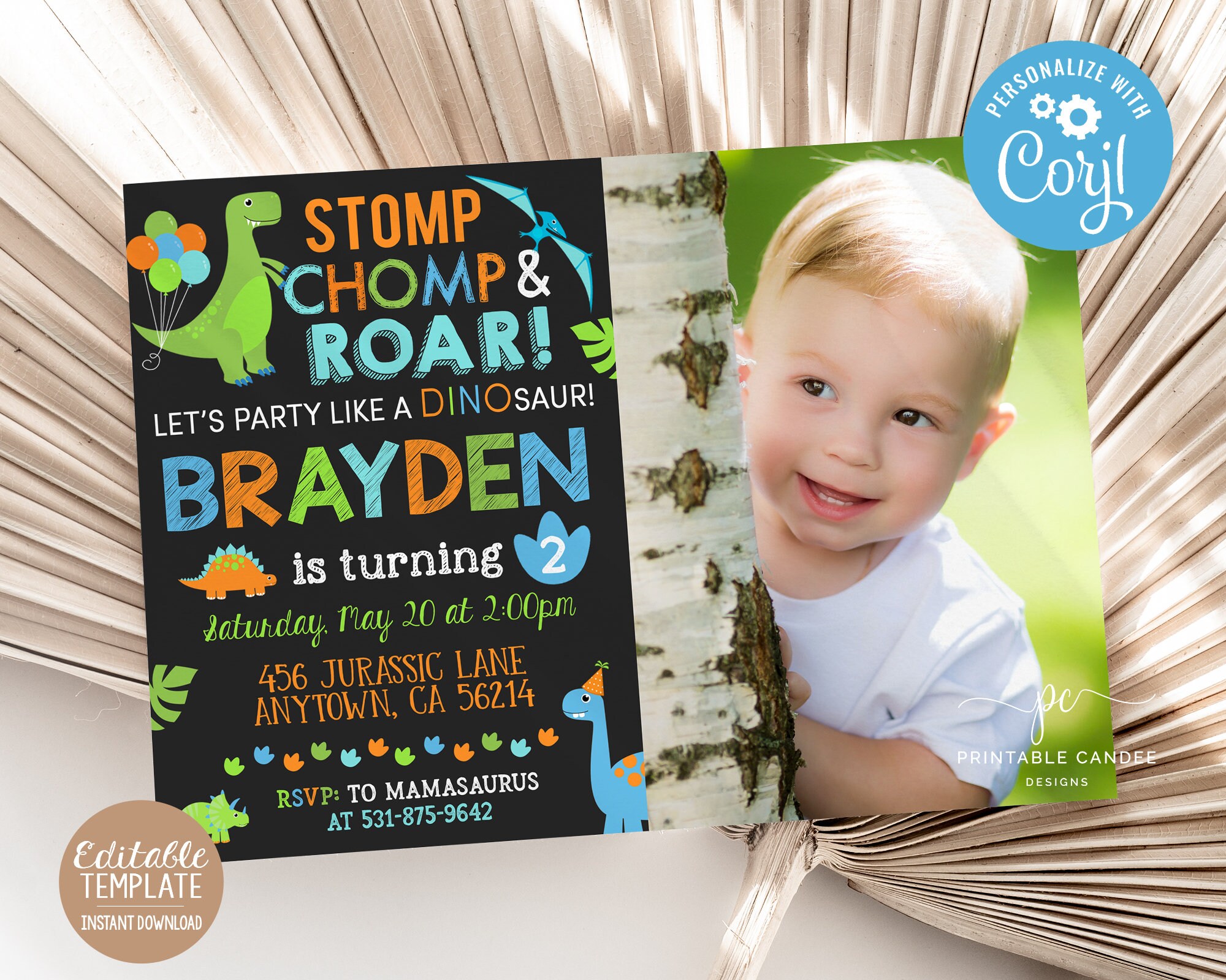 ゴー Editable Dinosaur Birthday Invitation Dino Boy Invite Blue