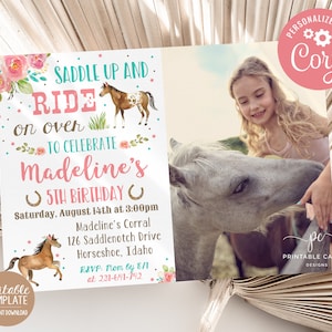 Mädchen Pferd Geburtstagseinladung Party einladen Blumen rosa Aqua Thema bearbeitbare Fotovorlage Druckbare Sofort-Download
