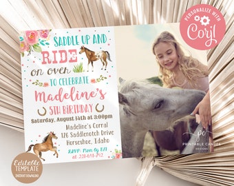 Girl Horse Birthday Invitation Party Invite Floral Pink Aqua Theme Editable Photo Template Printable Instant Download