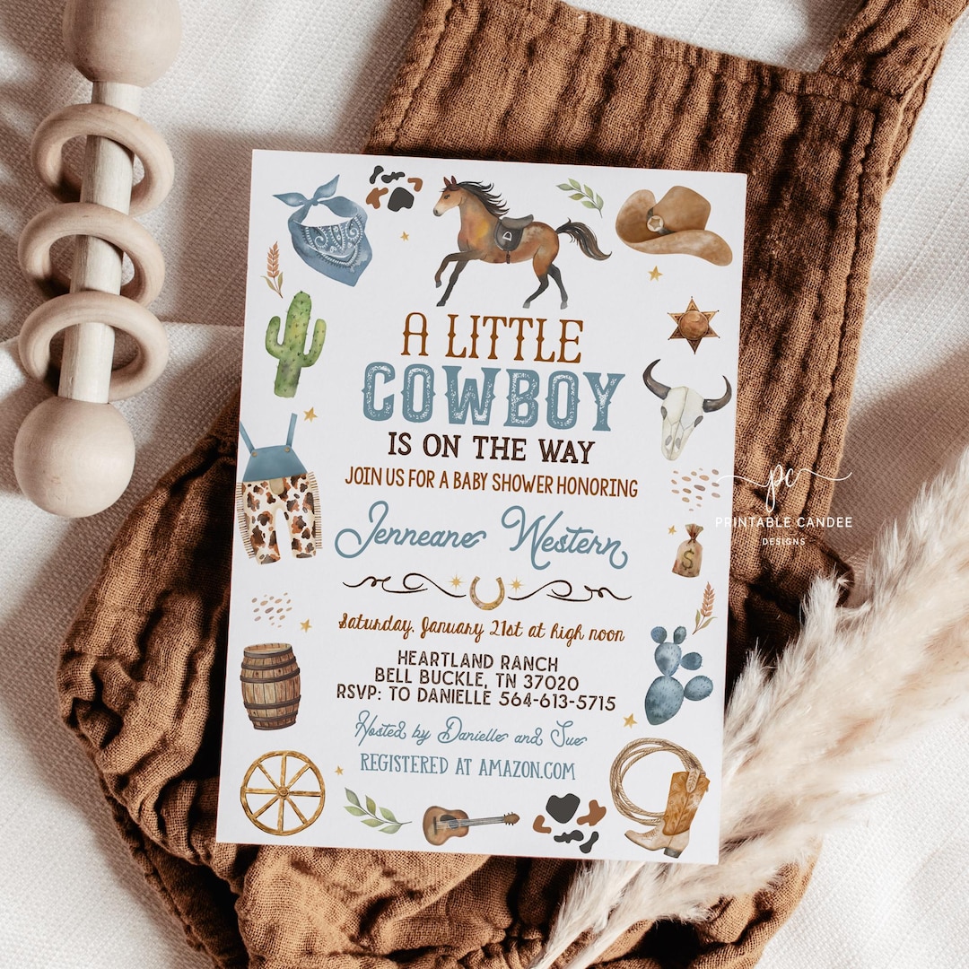 Editable Cowboy Baby Shower Invitation Blue Little Cowboy Invite