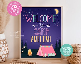 Girl Camping Welcome Sign Editable Bonfire Birthday Camp Party Decor Backyard Glamping Sleepover Theme Printable
