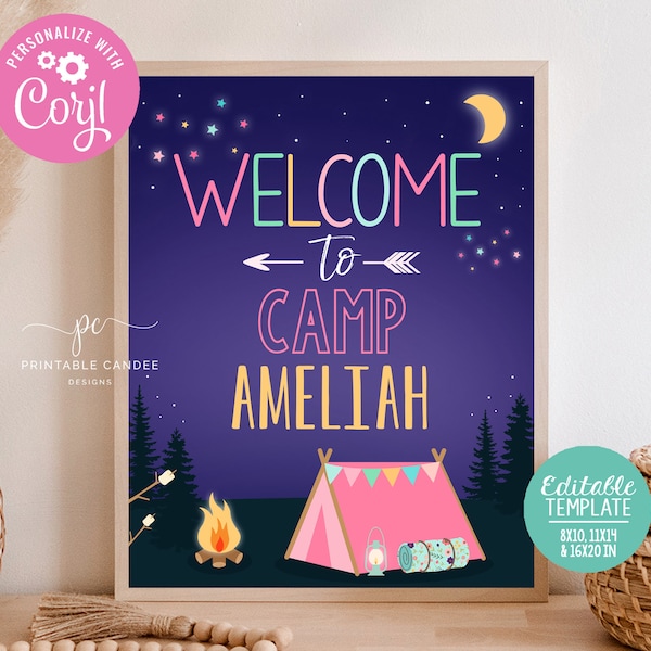 Girl Camping Welcome Sign Editable Bonfire Birthday Camp Party Decor Backyard Glamping Sleepover Theme Printable