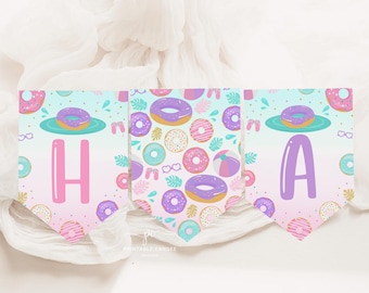 Donut Pool Party Flag Banner Summer Birthday Decor (Digital Template)