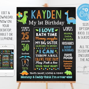 Dinosaur First Birthday Stats Sign Milestone Dino Chalkboard Party Decor Poster Instant Download Template Editable File Printable