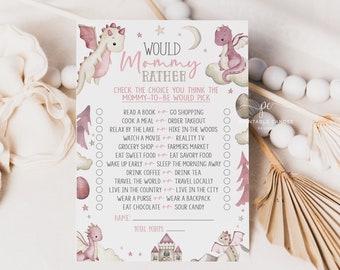 Dragon Baby Shower Game Pink Dragons Theme Printables Would Mommy Rather It's a Girl Theme Instant Download BGTPS